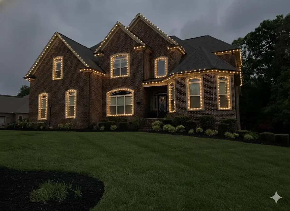 Professional Christmas light installation on a brick home in Winston-Salem