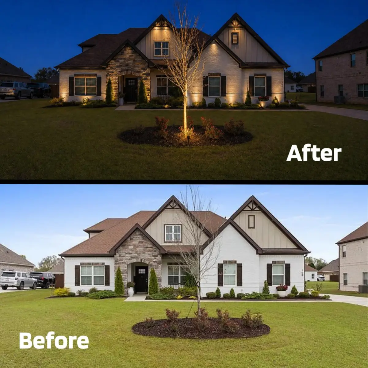 Before and after landscape lighting on a farmhouse-style home