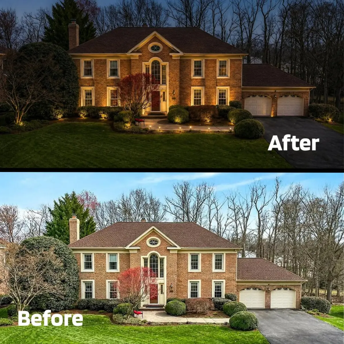 Before and after landscape uplighting on a brick colonial home
