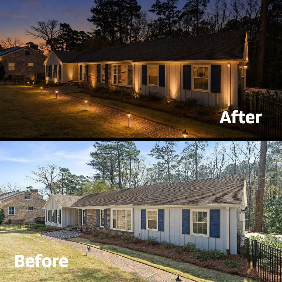 Before and after path lighting and uplighting on a ranch-style home