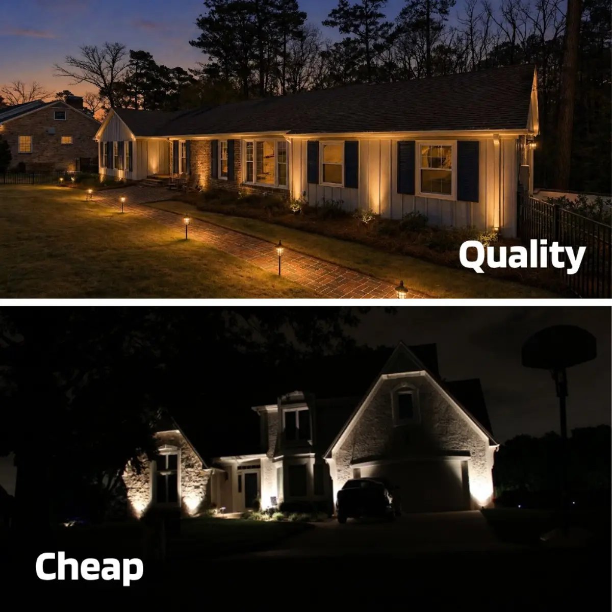 Comparison of quality professional lighting versus cheap lighting installation