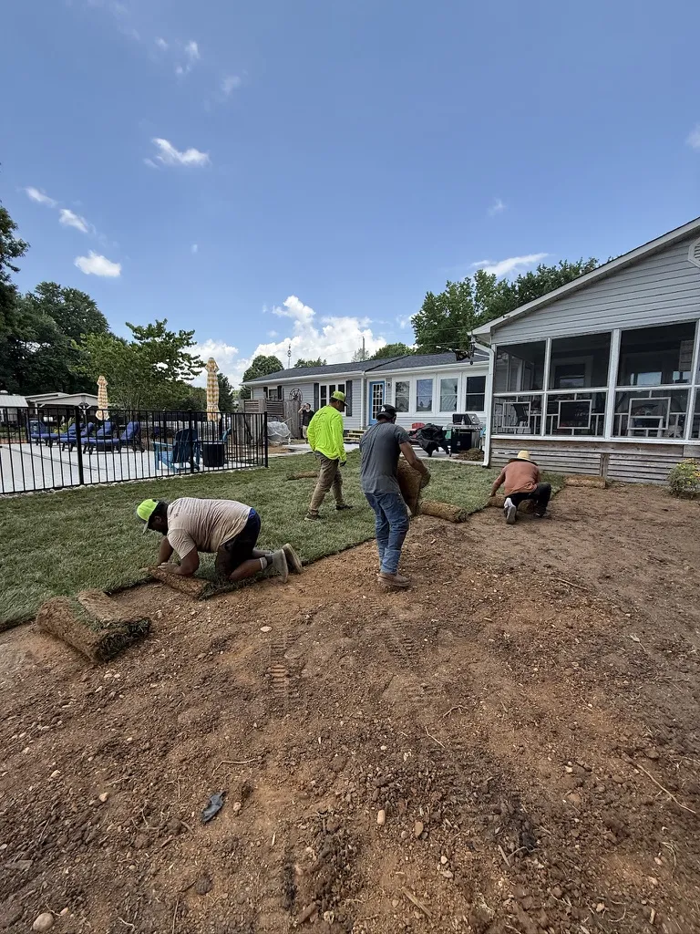 Crew installing fresh sod over prepared soil
